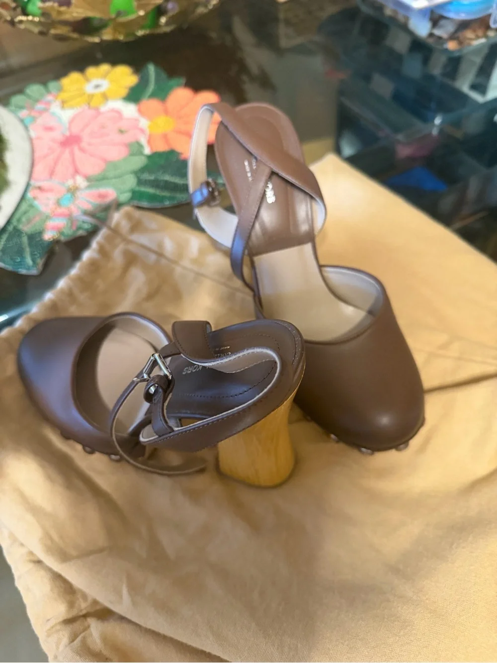 Michael Kors Brown Leather Crisscross Strap Block Heel Pumps